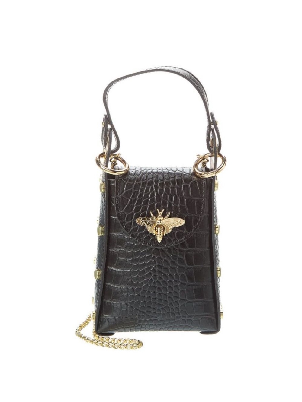 Persaman New York Black genuine leather mini crossbody Bag with Gold Bee Accent